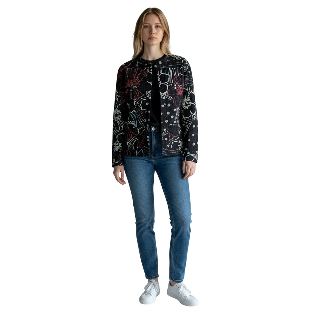 Chico's‎ Button Front Jacket Sz 3 (XL/16) Black Multicolor Abstract Floral Artsy